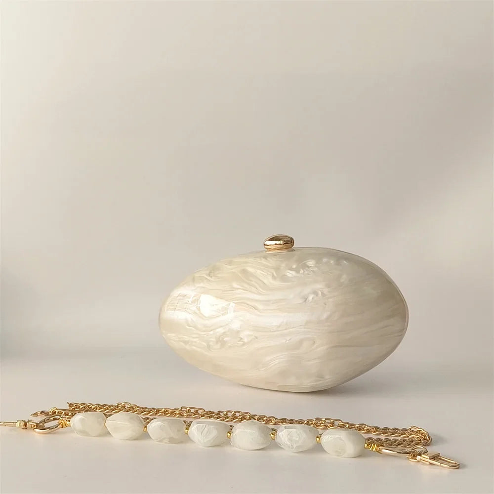 Oval Marble Beige Shell Acrylic Luxury Elegant Lady Evening Bag | Cute Handbag & Wedding Girl Female Mini Purse