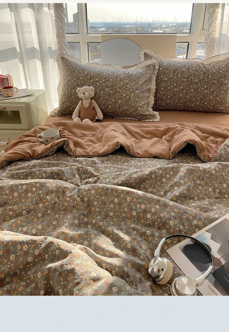 Summer Quilt Korean Style Duvet with Lace Single/Queen Size Comforter Flower Printed Quilted Blanket 여름이불 (No Pillowcase)