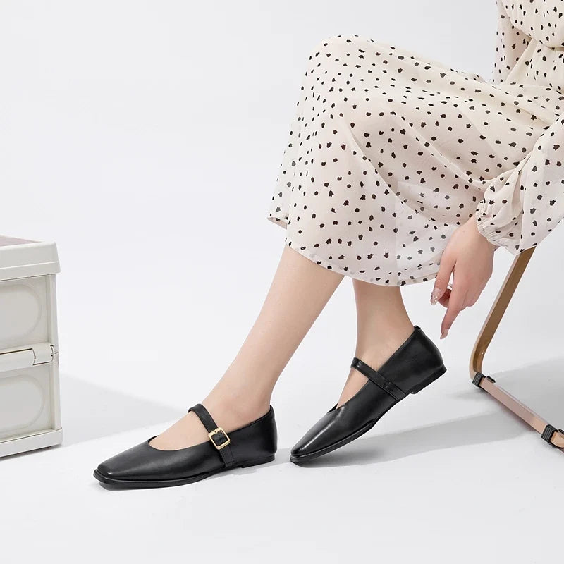 AIYUQI Mary Jane Shoes Female Genuine Leather 2026 New Snap Ballet Shoes Women Square Toe Flat Cowhide Ladies Shoes