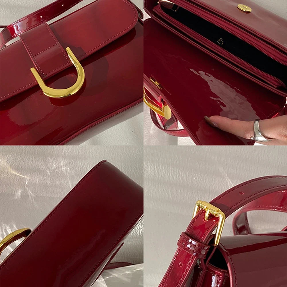 Retro Patent Leather Shoulder Bag for Women | Luxury Flap Crossbody & Solid Color Underarm Bag (Red Lady Handbag)