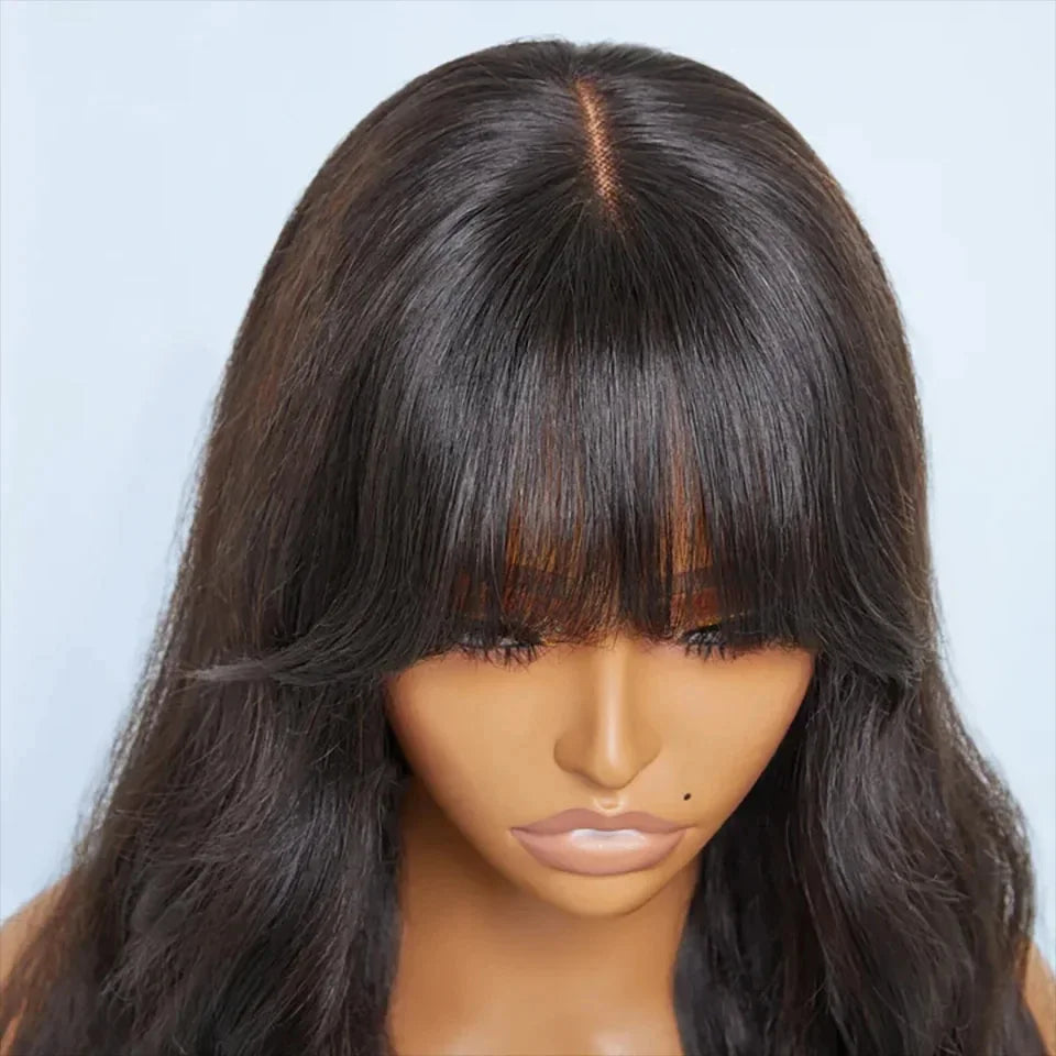 Natural Color 24" Body Wave Wig with Bangs | 180% Density Remy Human Hair Middle Part Lace