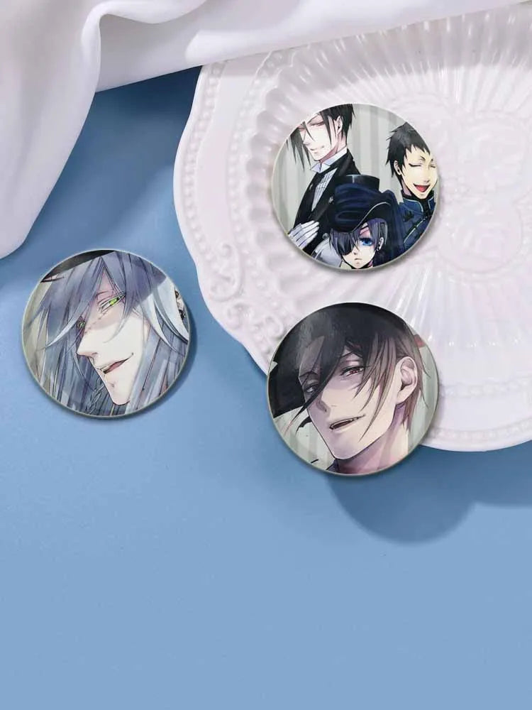 58MM Cartoon Comics Black Butler Creative DIY Badge Tinplate Plastic Pins Button Brooches for Backpack Accessories Jewelry Gifts
