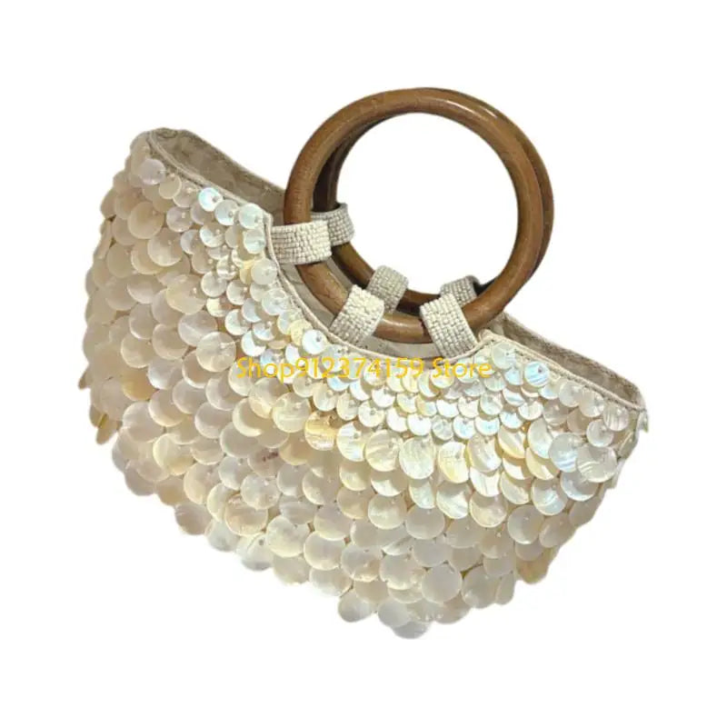 Elegant Beaded Shell Design Top Handle Purse | Bohemian Handmade Handbag for Vacation & Casual Occasions