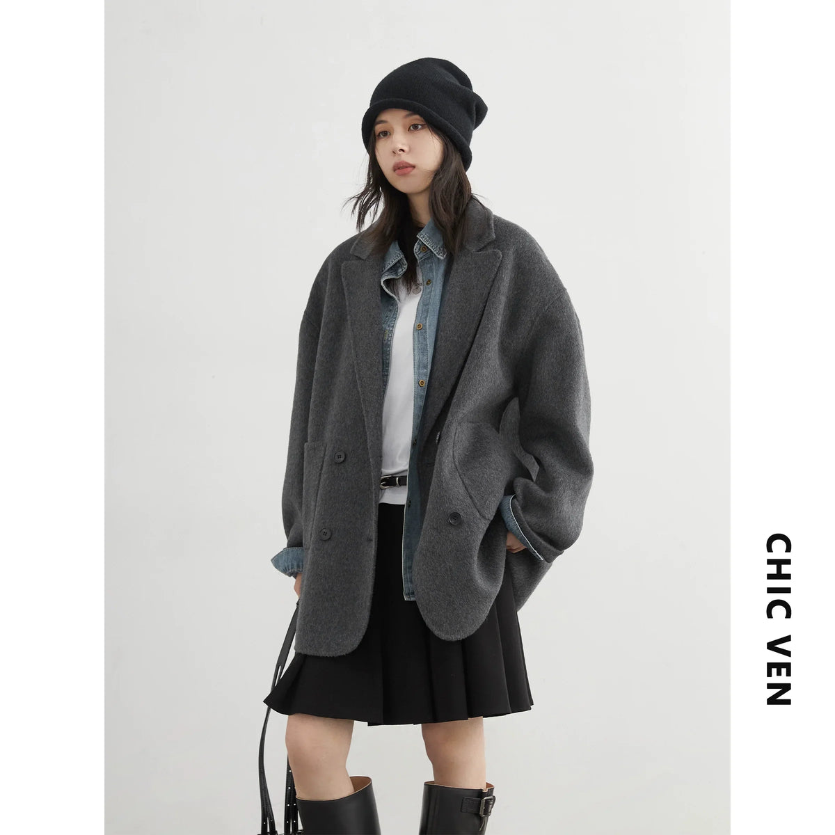 CHIC VEN New Women Woolen Coat Loose Solid Mid-length Double-sided Oversized Office Ladies Jackets Outerwear Autumn Winter 2026