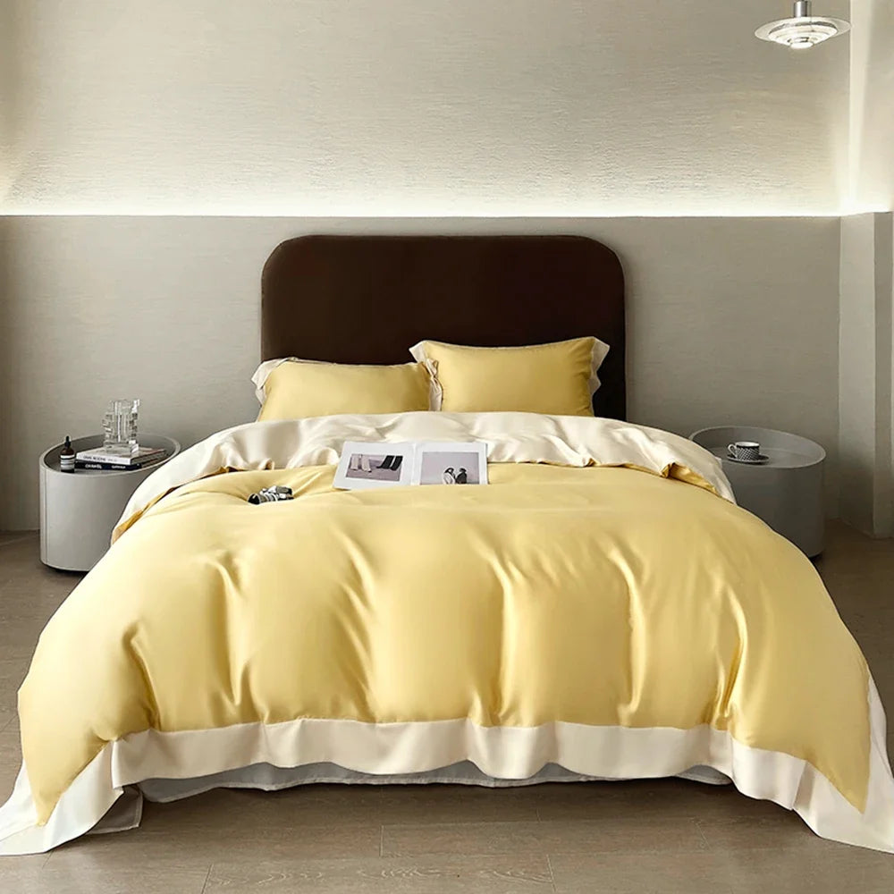 Liv-Esthete Top Grade 100% Silk Duvet Cover Set Queen King Yellow White Bedding Set Flat Sheet Beauty Pillowcase Bed Linen