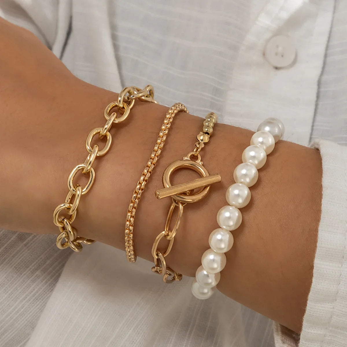 Boho Imitation Pearl Beaded Bracelet Women's Retro Fashion Creative Gold Color Beads O-Chain Bracelets Girls Birthday Jewelry