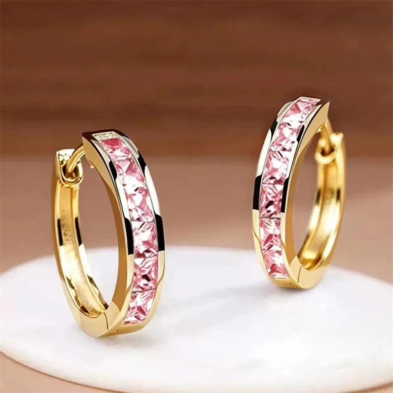 Huitan Hoop Earrings with Princess Cubic Zirconia Exquisite Ear Circle Earrings for Women Silver Color Fashion Versatile Jewelry