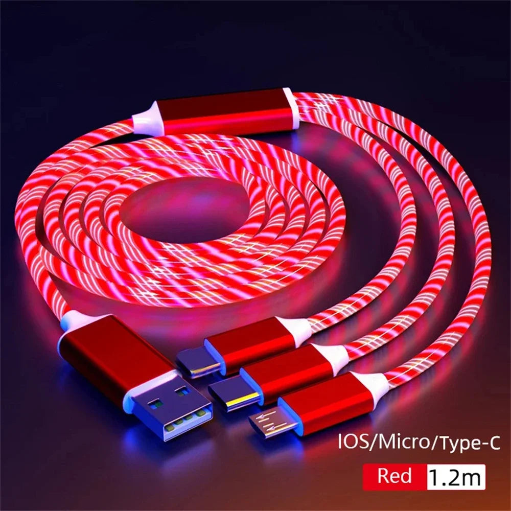 Glowing LED Light USB 3 IN 1 cable Phone Fast Charging Charger Luminous Type C Cable For Xiaomi iPhone Phone Accessories
