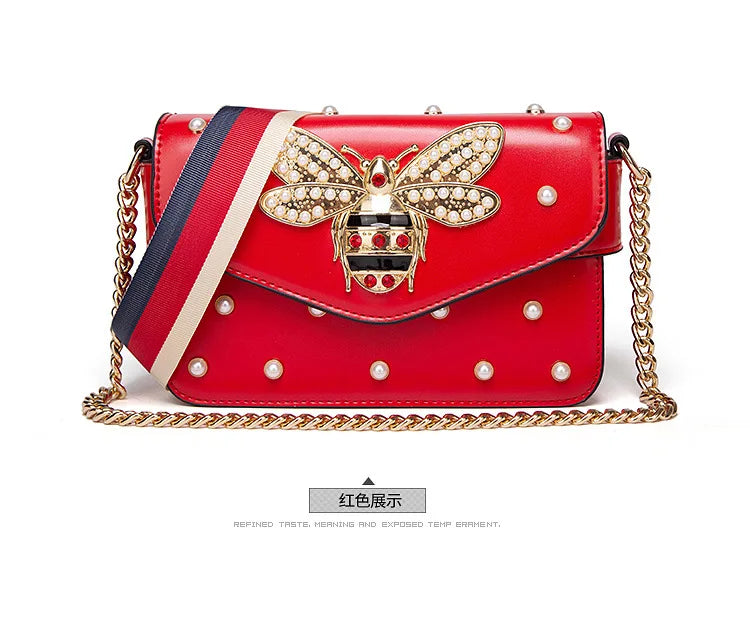 Women's Pearl and Bee Shoulder Handbag | PU Crossbody Bag with Chain