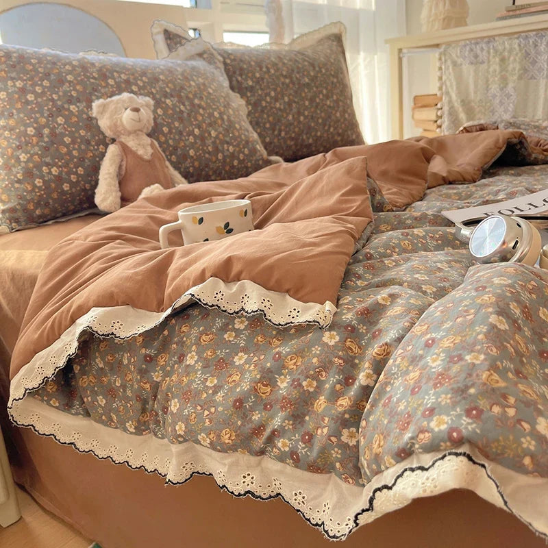 Summer Quilt Korean Style Duvet with Lace Single/Queen Size Comforter Flower Printed Quilted Blanket 여름이불 (No Pillowcase)