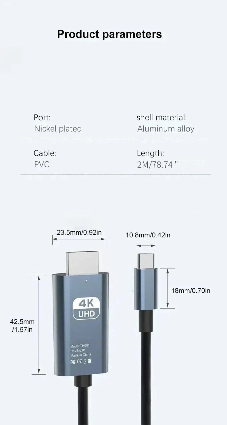 4K HD Video Conversion Cable Typec To Hdtv Same Screen Cable TV Computer 2 Meters Braided Screen Projection Cable
