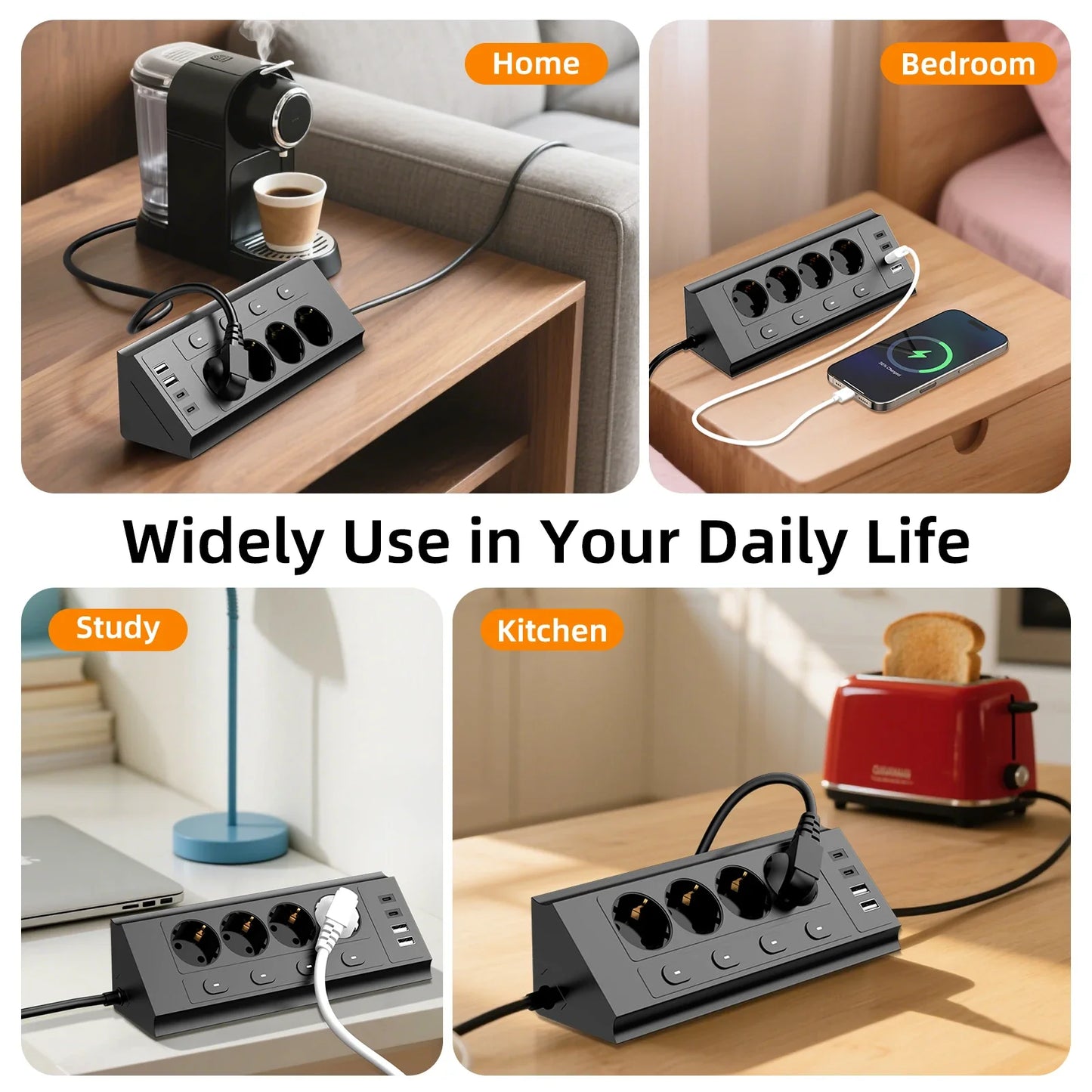 EU desktop corner power strip, a power strip with multiple switches independently controlling the outlets, extension cord power