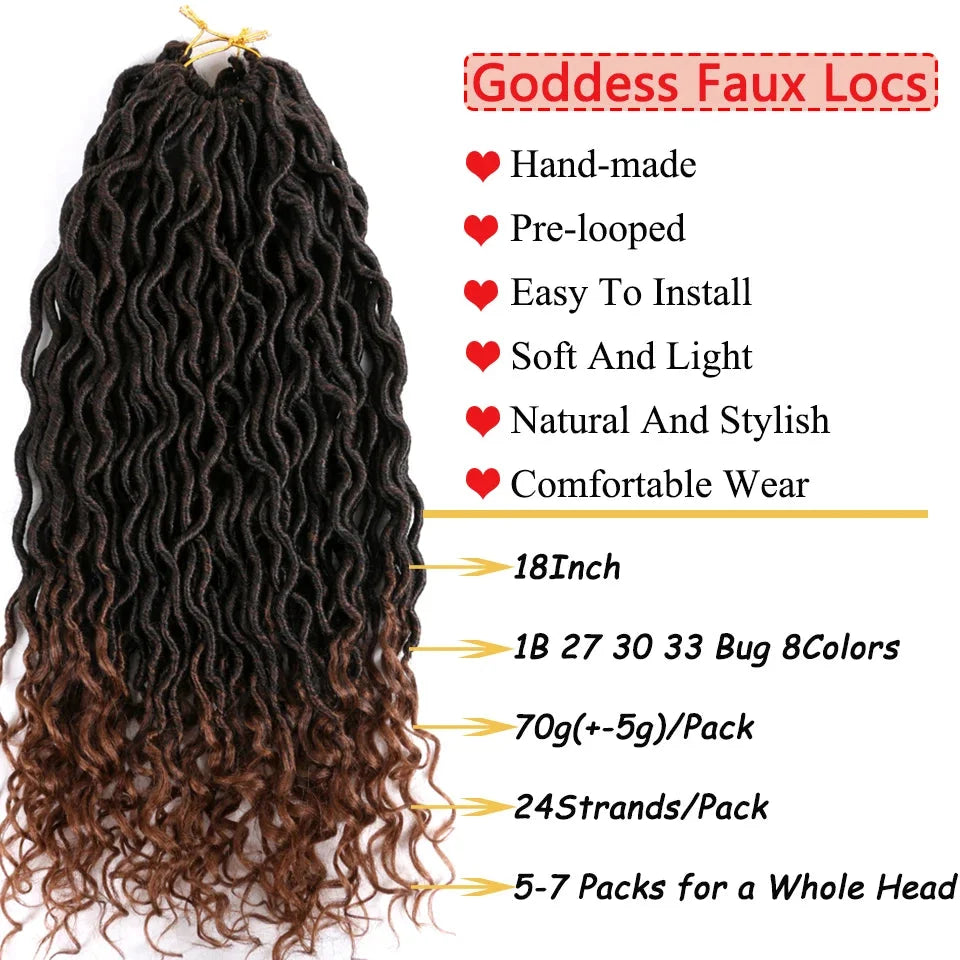Goddess Faux Locs Crochet Hair | 18" Soft Curly Braids | Ombre Dreadlocks Extensions | 24 Strands/Pack