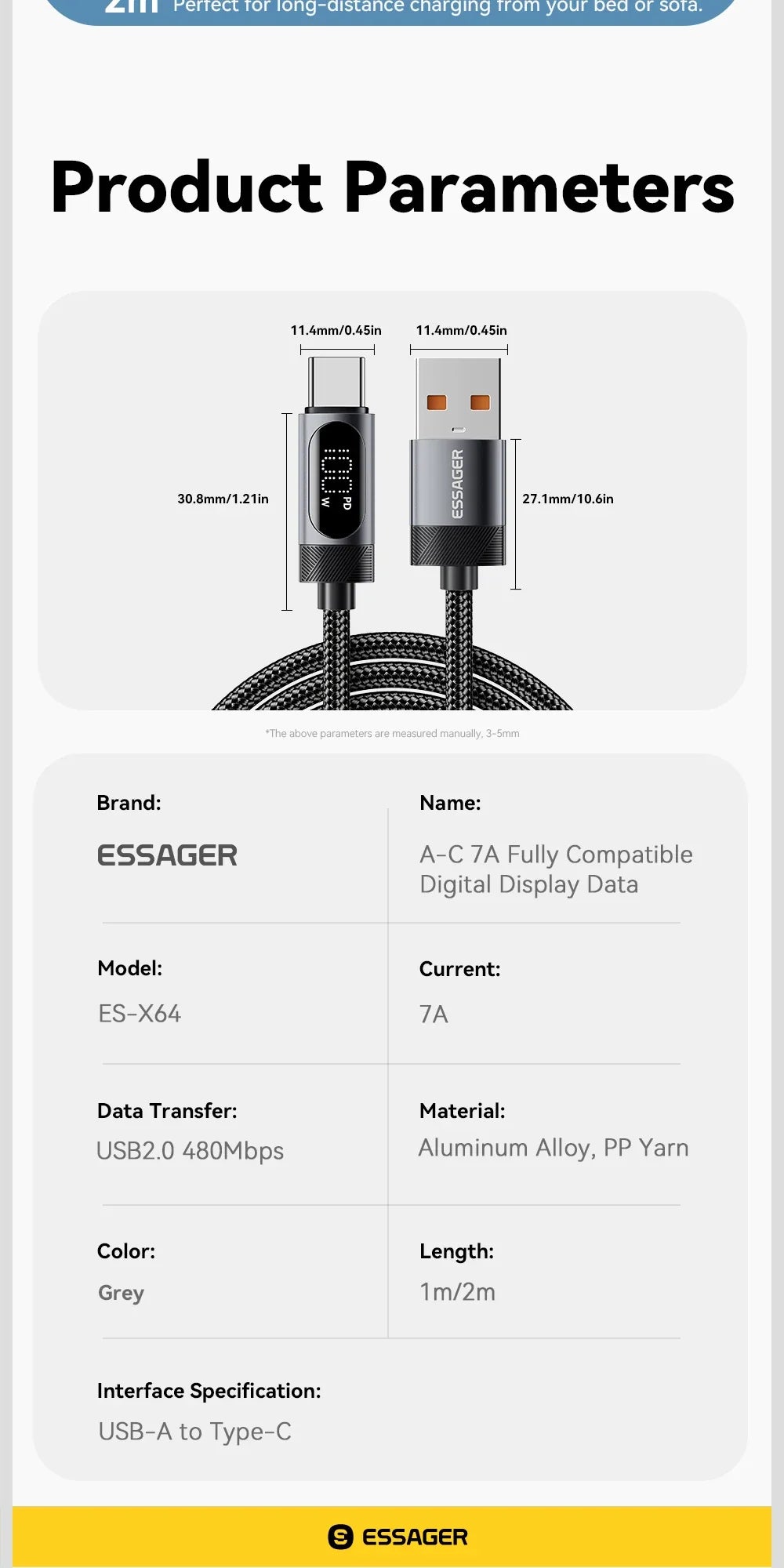 Essager Digital Dispaly USB C Cable For iPhone 17 16 15 Xiaomi Huawei 100W PD Fast Charging For Macbook iPad Type C to C Cable