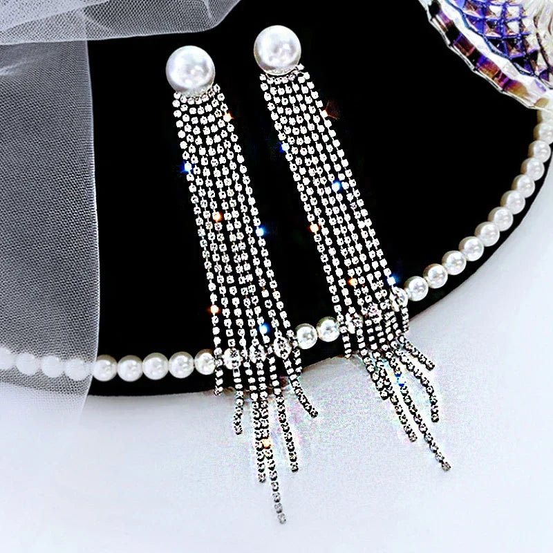 Shiny Crystal Zircon Long Stud Earrings for Women Geometric Hanging Drop Tassel Earring Fashion Party Vintage Pendant Jewelry