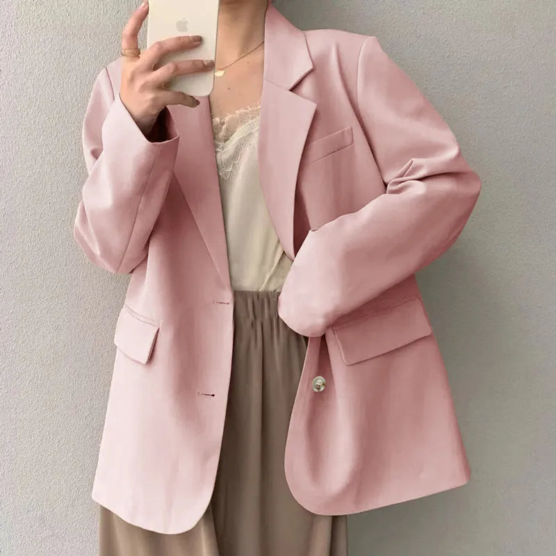 Mid Length Blazer Jacket Women Solid Long Sleeve Pocket Lapel Single Beasted Formal Coat Outerwear Loose Work Casual Blazers