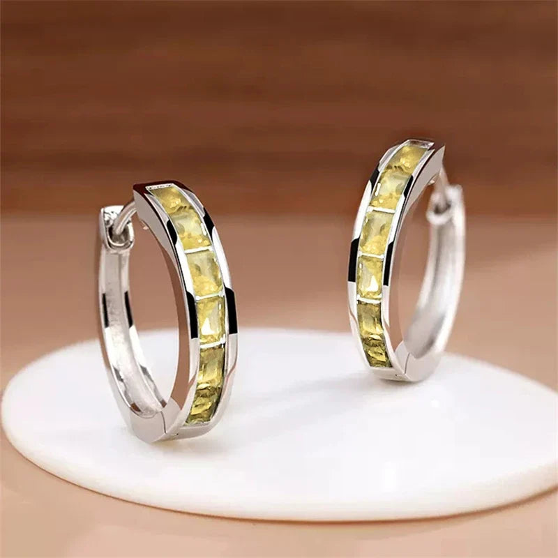Huitan Hoop Earrings with Princess Cubic Zirconia Exquisite Ear Circle Earrings for Women Silver Color Fashion Versatile Jewelry