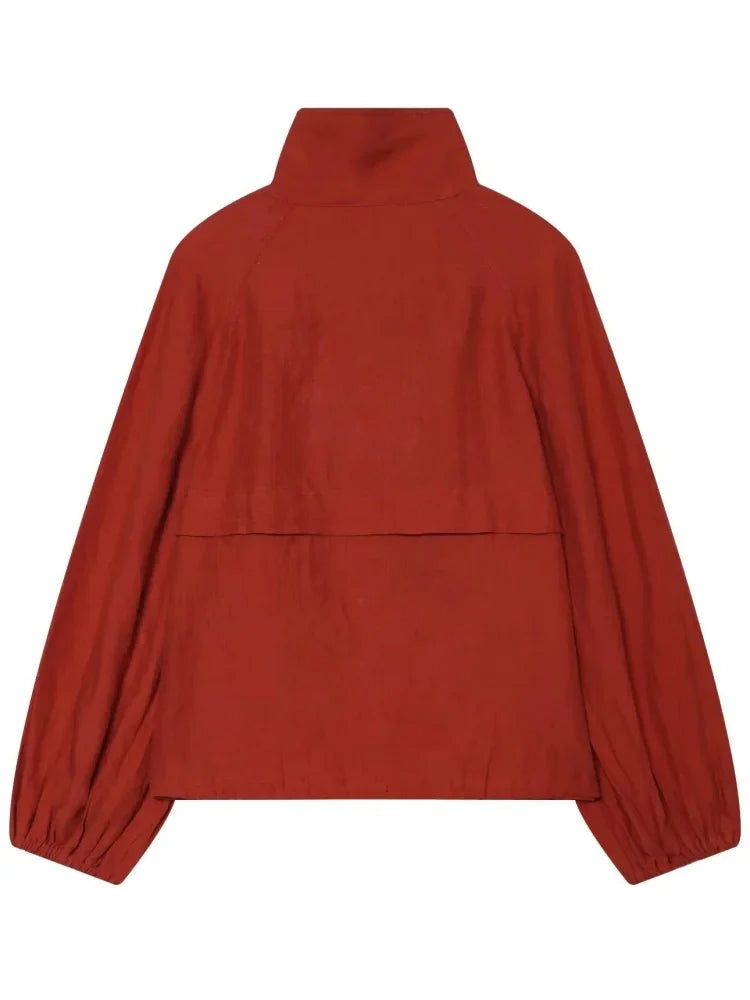 AACHOAE Women High Neck Lightweight Jacket Casual Long Sleeve Windbreaker Coat Drawstring Hem Button Front Short Outerwear