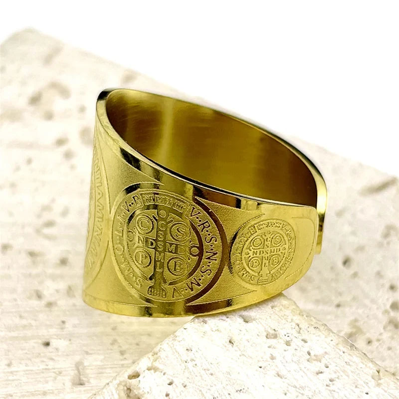 Catholic Saint Benedict Medallion Adjustable Rings for Women Men Stainless Steel Open Finger Ring Amulet Jewelry San Benito