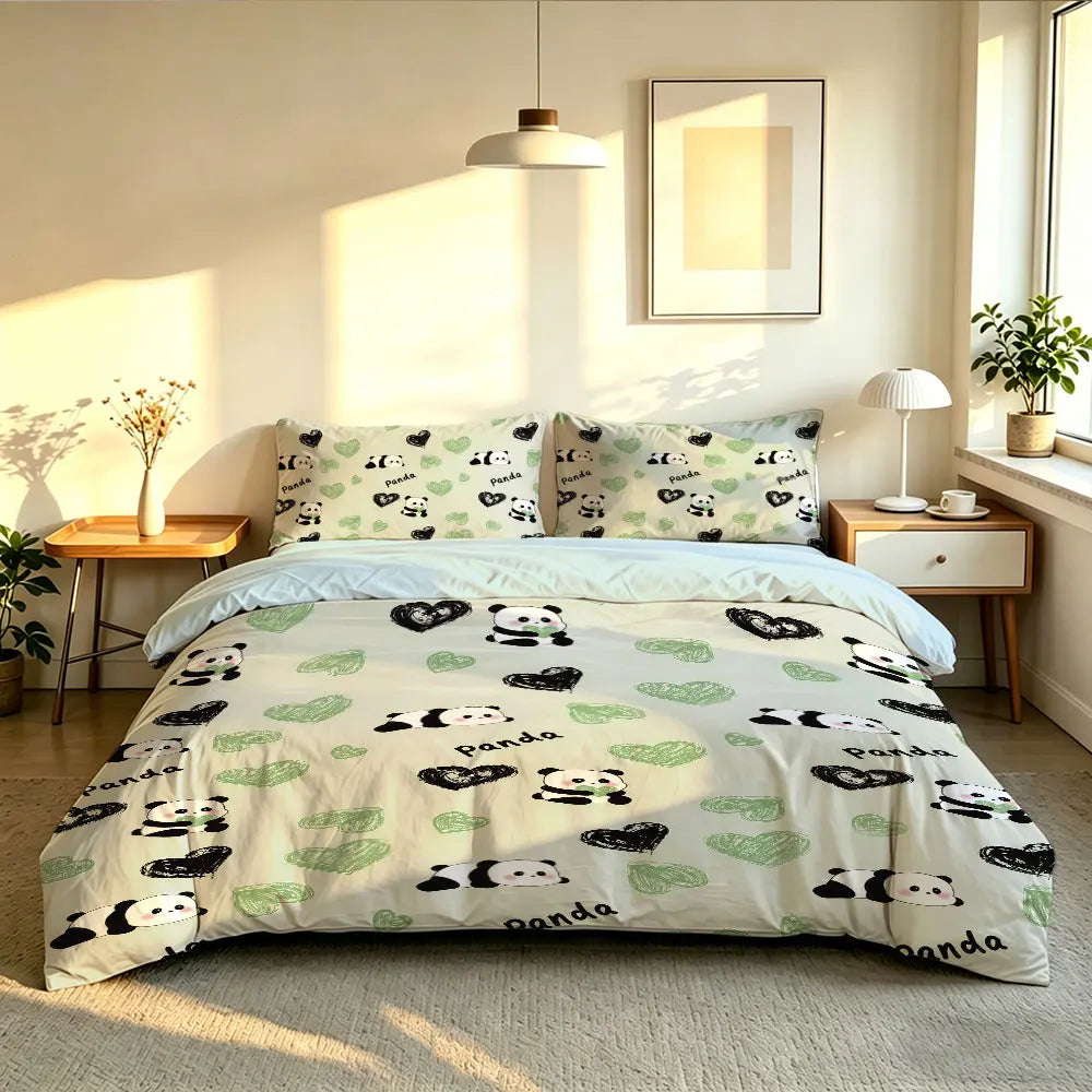 3pcs Cartoon Panda Print Coreless Duvet Cover Cool Summer Lightweight Bedding Set Multi Size Bedroom Bedding Decoration