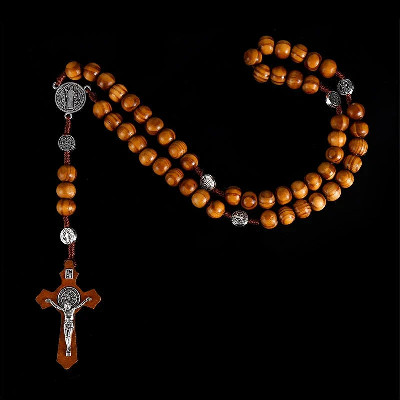 Christian 10MM Wood Beads Rosary Cross Necklace For Women Virgin Mary INRI Pendant Long Chain Men Religion Jewelry