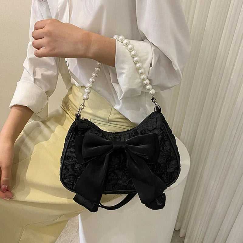 White Folds Pop Retro Bow Bag | Female Pearl Handle New Fashion Pearl Armpit Shoulder & Crossbody Bag
