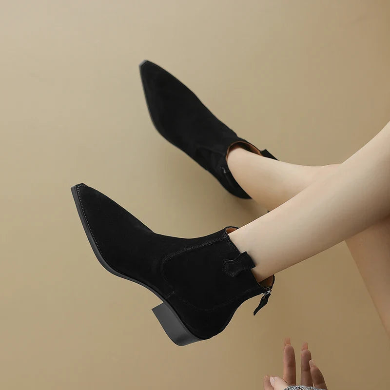 New 2025 Trend Autumn Winter Cow Suede Women Western Boots Black Brown Khaki Purple Green Burgundy Pointed Toe Lady Ankle Boots