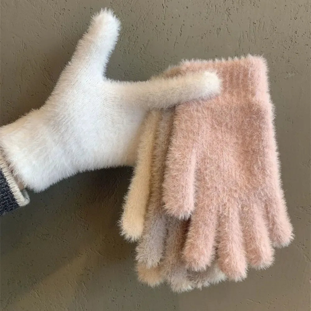 Fashion Winter Mink Velvet Five Finger Gloves Plush Warm Cold-proof Gloves Women Outdoors Cycling Solid Color Winter Gloves