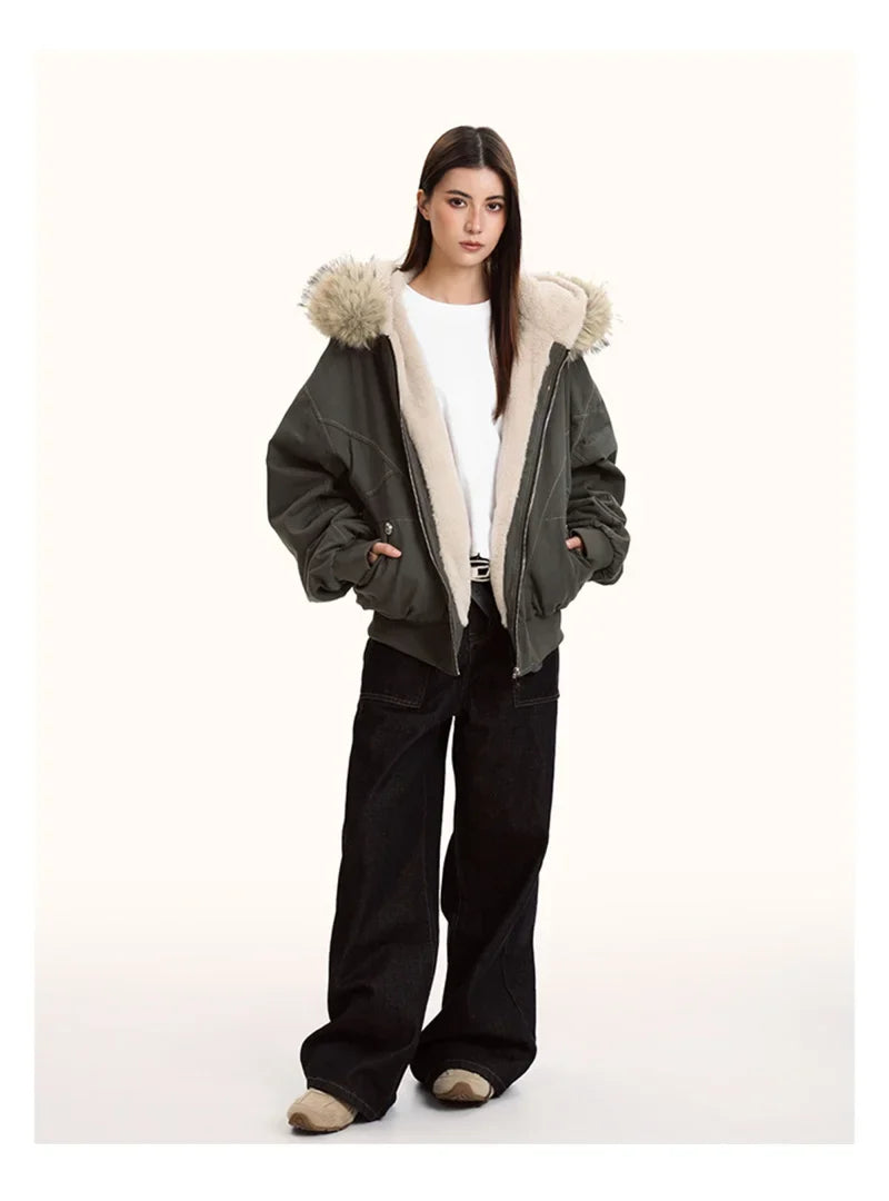 ZAROY Fur Collar Hooded Parkas Y2k Harajuku Thicken Padded Jackets Casual Zipper Gothic Women&Men Winter Coats Streetwear кур