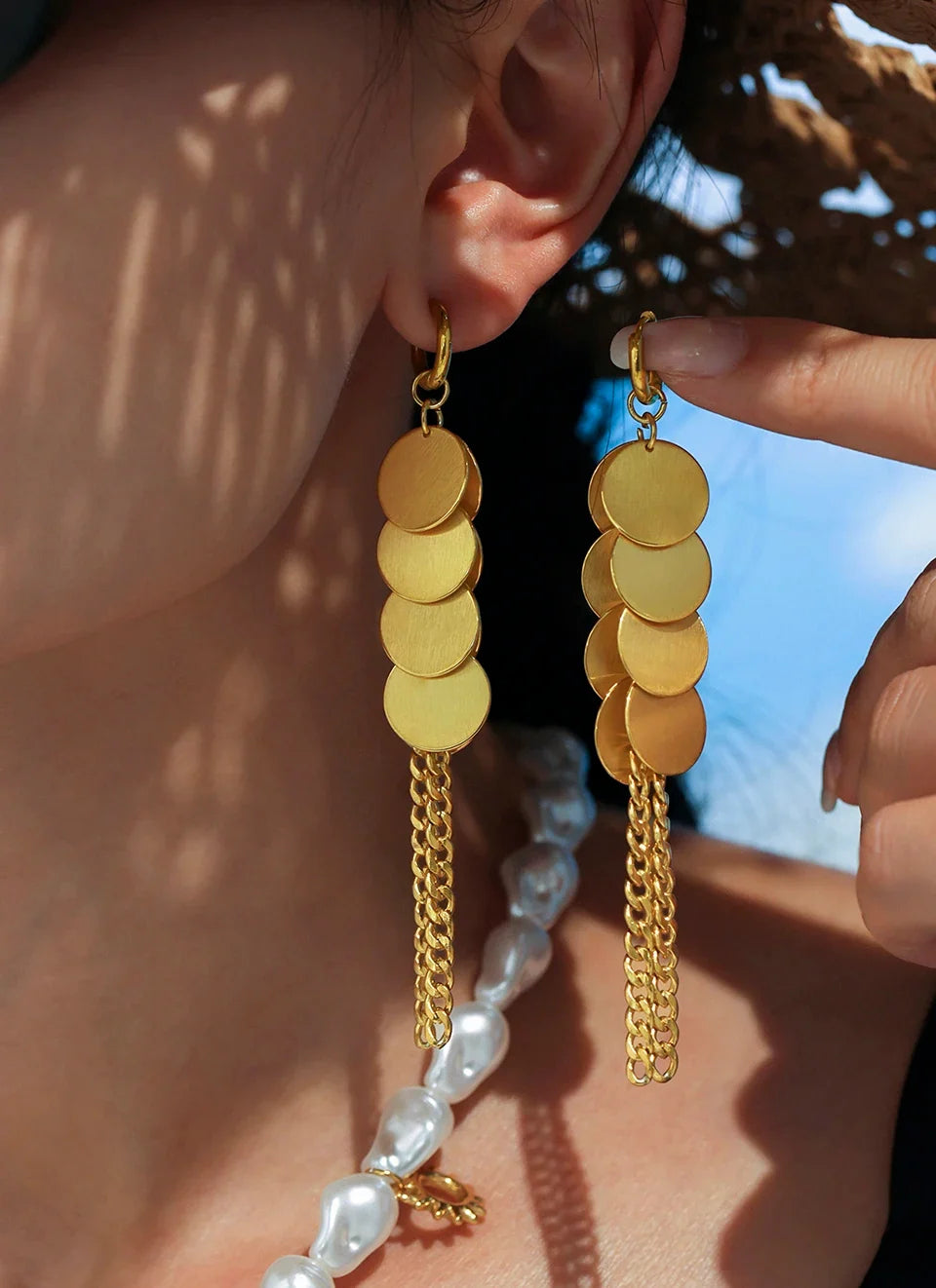 Stainless Steel Dangle Earrings For Women 18k Gold Plated Waterproof Non Tarnish Women's Glossy Sheets Chains Tassel Earring