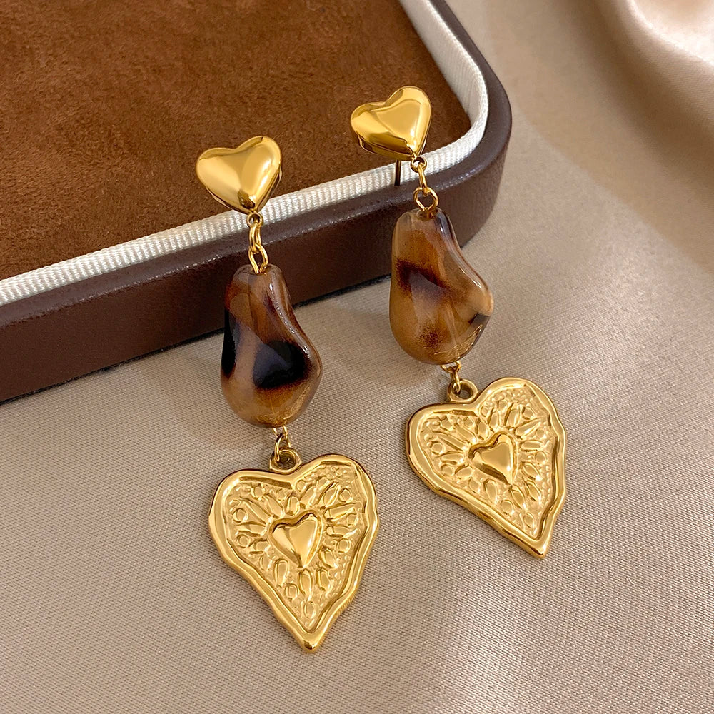 Greatera Caramel Amber Patterned Irregular Heart Earrings For Women Charm Stainless Steel Waterproof Popular Ear Accessories New