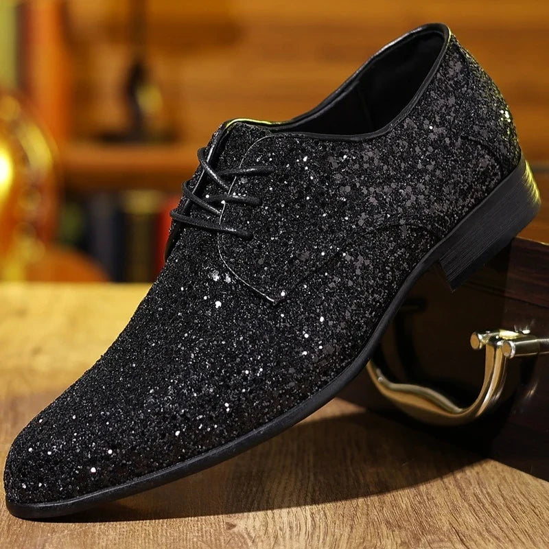 Luxury Men Dress Shoes Gold Silver Sequin Wedding Shoes High Quality Lace-Up  Oxford Shoes Fashion Designer Men Flats Large Size