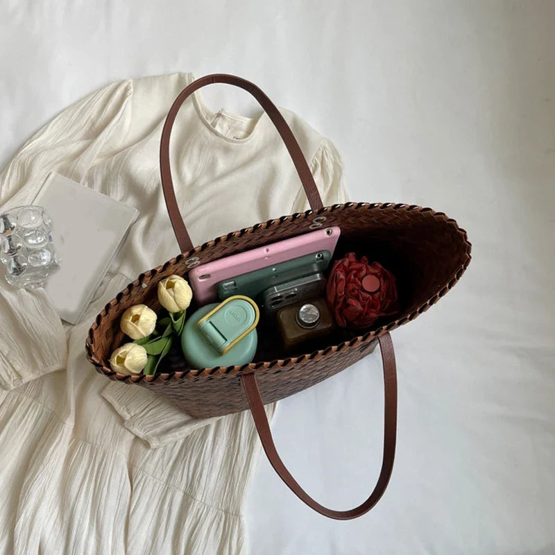 Summer Large Capacity Handbag Totes | Rattan Handmade Straw Shoulder Bags for Women (Travel Seaside Beach Bag - Bolsa Feminina)