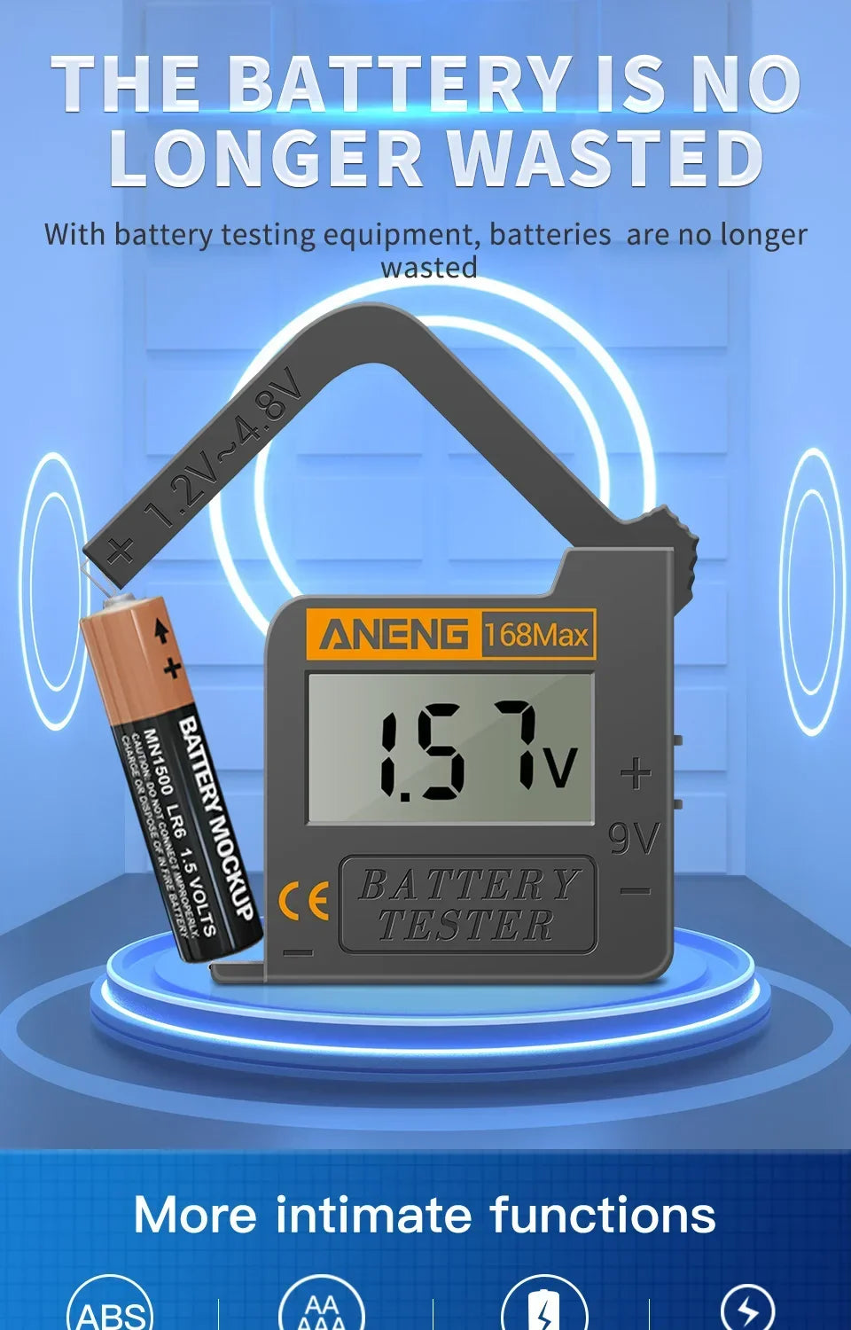 ANENG 168MAX Self Powered Digital LCD Battery Checker AA AAA C D 9V Button Cell 18650 Lithium Cell Voltage Capacity Test Tool