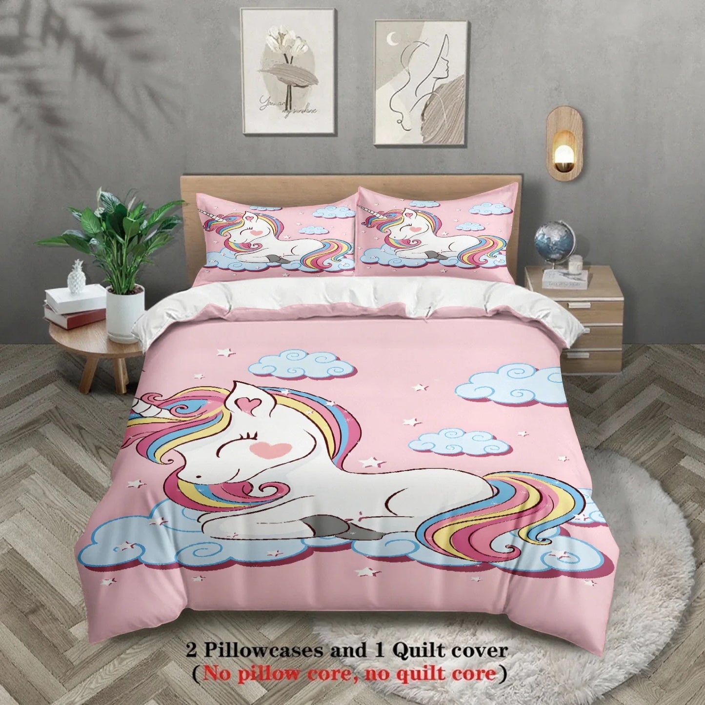 Cute Rainbow Unicorn Duvet Cover Set Pink Cloud Star Bedding For Kids Girls Bedroom Twin Queen King Size With 2 Pillowcases