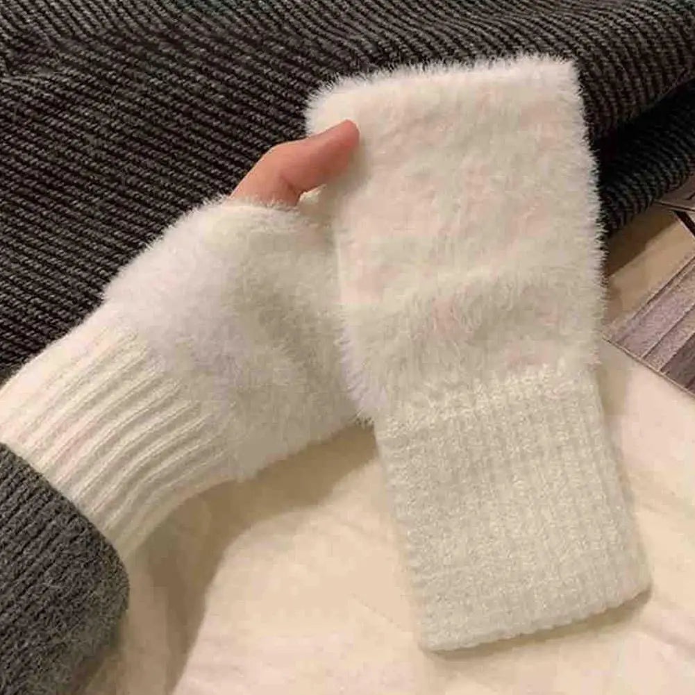 Half-finger Plush Winter Gloves Touch Screen Cold-proof  Warm Fingerless Knitted Wrist Guard Student Office Writing Work Outdoor