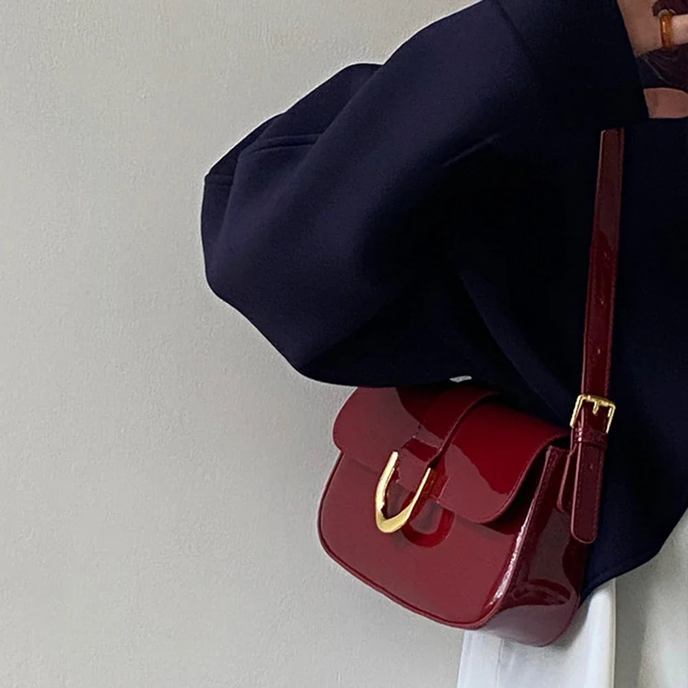 Retro Patent Leather Shoulder Bag for Women | Luxury Flap Crossbody & Solid Color Underarm Bag (Red Lady Handbag)