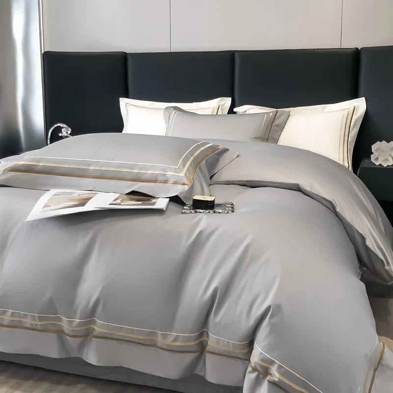 Hotel Style Bedding Set Luxury Golden Embroidery Duvet Cover Grey Egyptian Cotton Bed Sheets Pillowcases Solid Color Bedclothes