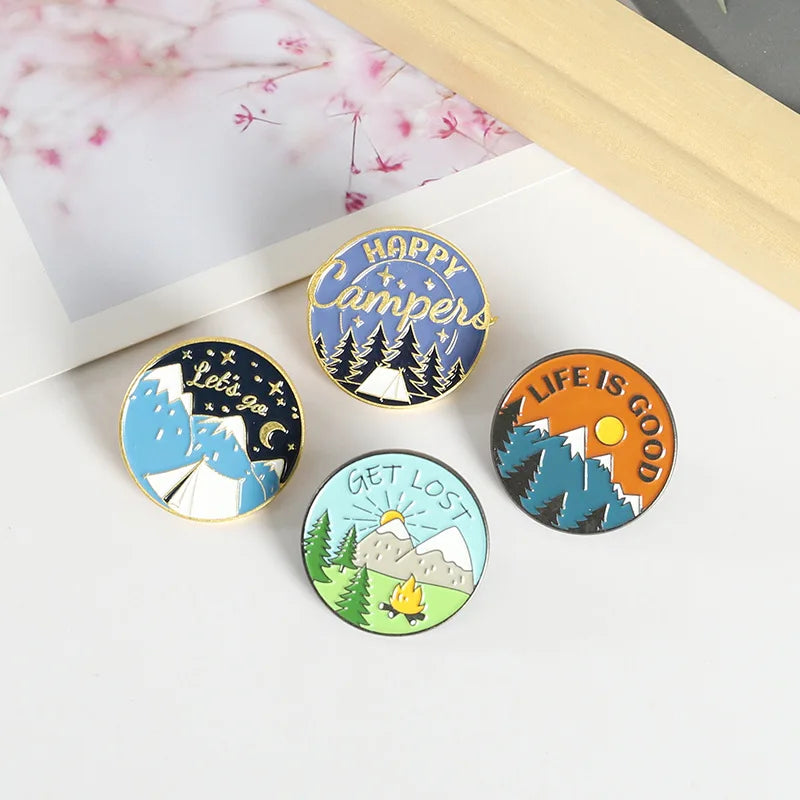 Scenic Snow Mountain Pine Tree Pattern Enamel Pin Social Power Brooch Custom Bag Lapel Shirt Badge Fun Cartoon Jewelry Gift for