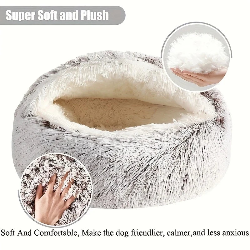 Plush Hooded Cat Cave Bed Round Semi‑Enclosed Shell Pet Nest Washable Anti‑Slip Warm All Season Sleeping Bed For Cats Small Dogs