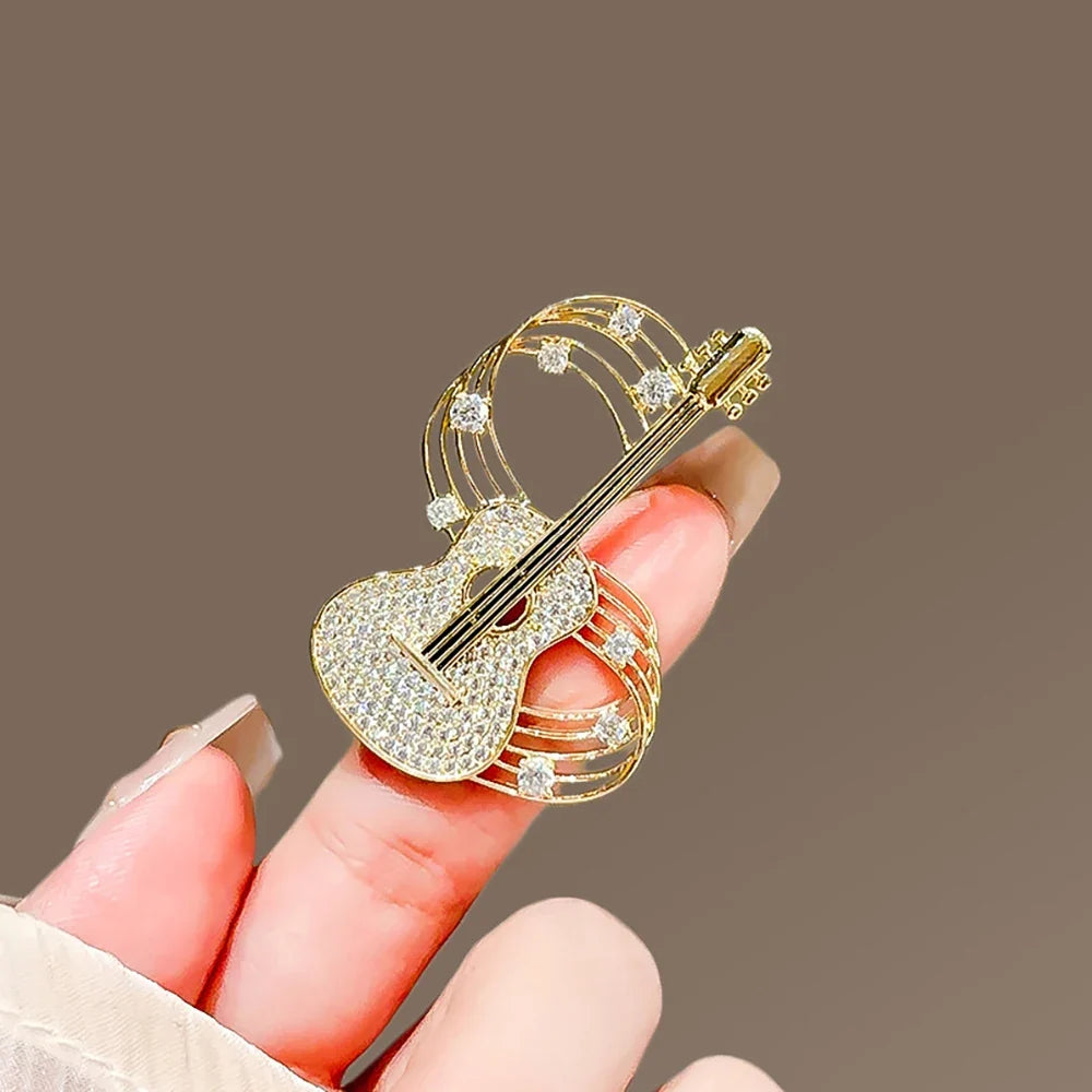 Trendy Guitar Brooch Shining Rhinestones New Unique High-end Design Creative Elegance Brooch Chest Flower Party Delicate Jewelry