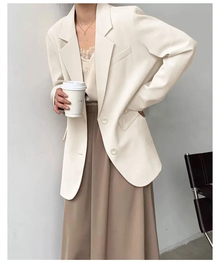 Mid Length Blazer Jacket Women Solid Long Sleeve Pocket Lapel Single Beasted Formal Coat Outerwear Loose Work Casual Blazers