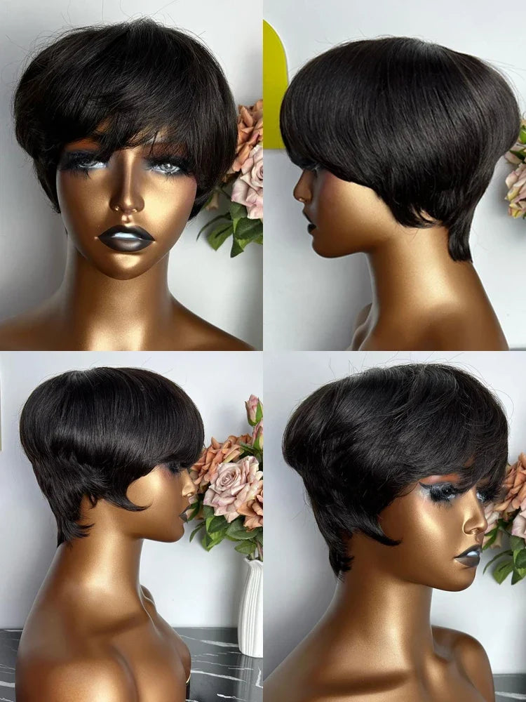 Short Pixie Cut Human Hair Wig with Bangs | Brazilian Remy, Machine Made