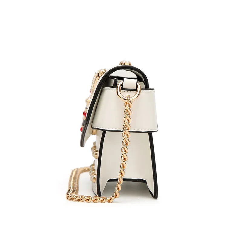 Women's Pearl and Bee Shoulder Handbag | PU Crossbody Bag with Chain