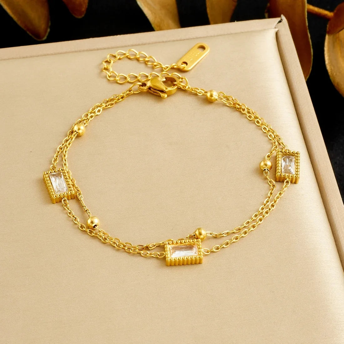 MEYRROYU 316L Stainless Steel White Zircon Inlay Cuboid Series Design Double-Layer Bracelet Women Classic Classy Hand Chain Gift