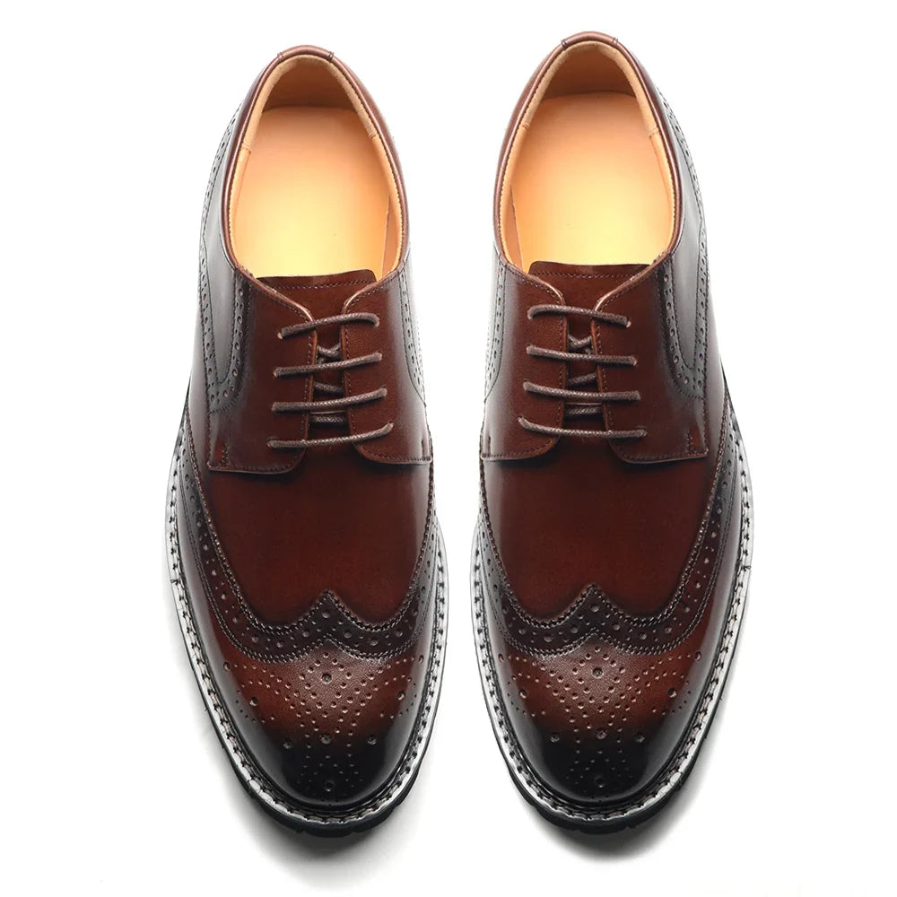 Handsome Men's Luxury Genuine Leather Sneakers | Wingtip Brogue Casual Oxfords (Height Increasing, Waterproof)