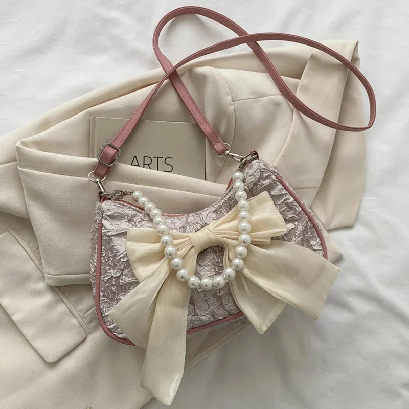 White Folds Pop Retro Bow Bag | Female Pearl Handle New Fashion Pearl Armpit Shoulder & Crossbody Bag