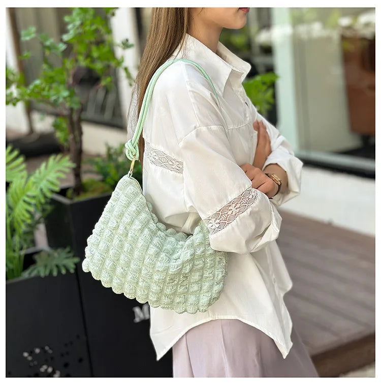 Canvas Wrinkle Bag for Women | Shoulder Bags & Pleated Bubbles Handbags (Padded Casual Underarm Quilted Tote Cloud Bag Purse)