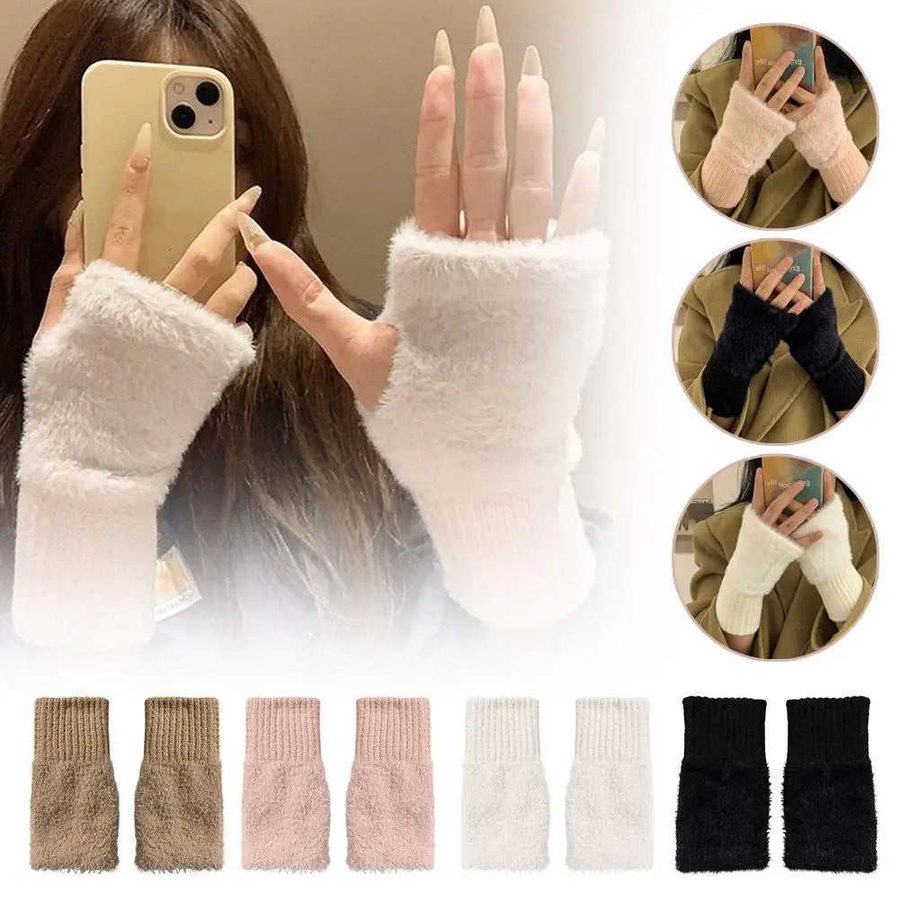 Half-finger Plush Winter Gloves Touch Screen Cold-proof  Warm Fingerless Knitted Wrist Guard Student Office Writing Work Outdoor
