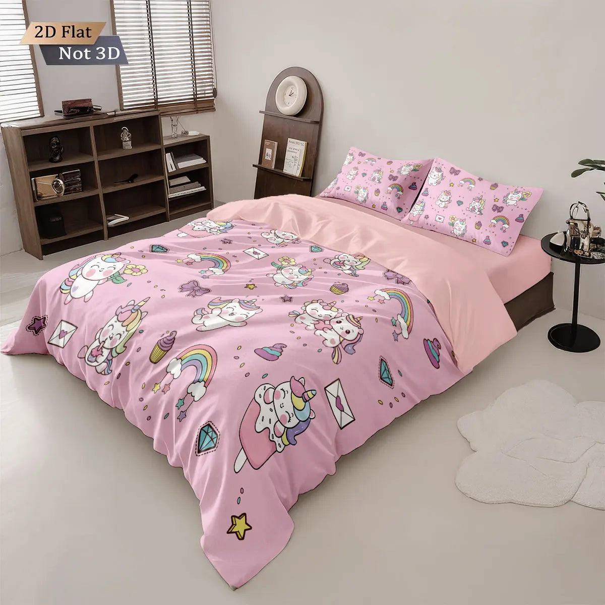 3pcs Cartoon Cute Unicorn Printed Coreless Down Duvet Cover Set, Multi Size Bedroom Bedding Decoration, Machine Washable
